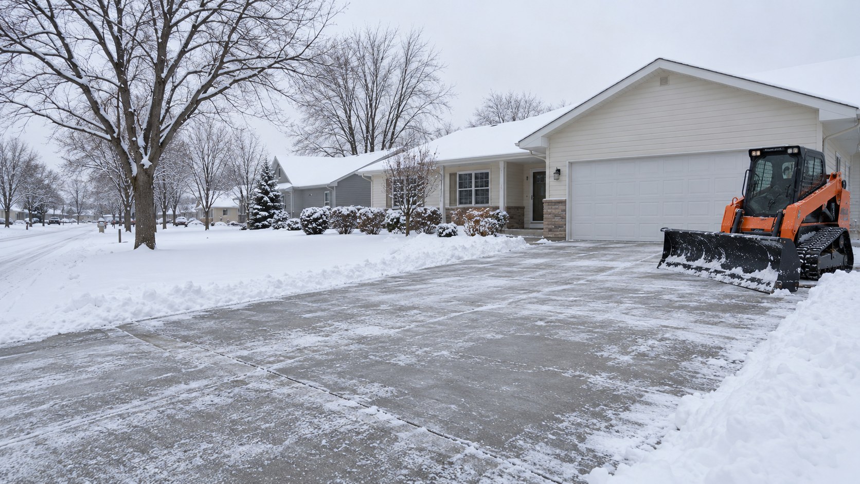 Representative winter scene with a cleared residential driveway and orange compact loader